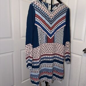 Womens Express Patchwork Boho Long Sleeve Shift Dress Med Soft Flowy Boho Aztec‎